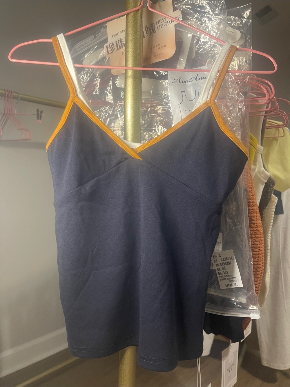 Navy V-Neck Contrast-Trim Camisole with Orange Binding